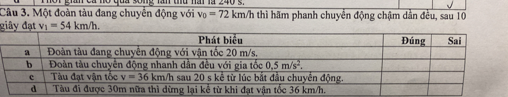 ăn ca nó qua sống lăn thủ nai là 240 s.
Câu 3. Một đoàn tàu đang chuyền động với v_0=72km/h thì hãm phanh chuyền động chậm dần đều, sau 10
giây đạt v_1=54km/h.