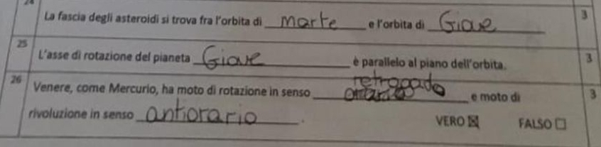 La fascia degli asteroidi si trova fra l’'orbita di _e l'orbita di
3
_
25
L'asse di rotazione del pianeta _é parallelo al piano dell'orbita. 
3 
26 Venere, come Mercurio, ha moto di rotazione in senso_ e moto di 3
rivoluzione in senso_ VERO FALSO □ 
.