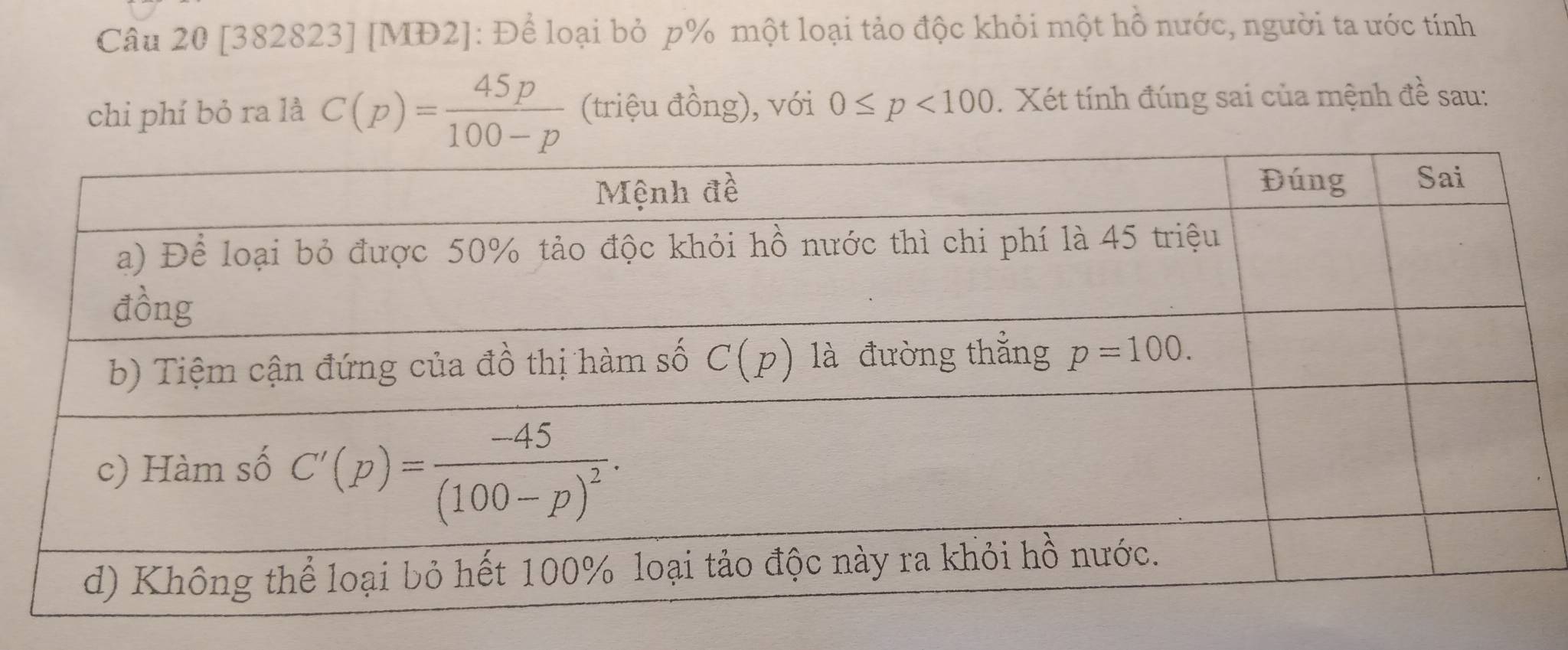 [382823] [MĐ2]: Để loại bỏ p% một loại tảo độc khỏi một hỗ nước, người ta ước tính
chi phí bỏ ra là C(p)= 45p/100-p  (triệu đồng), với 0≤ p<100</tex> . Xét tính đúng sai của mệnh đề sau: