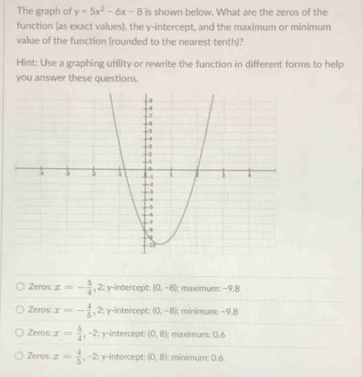 The graph of y=5x^2-6x-8 is shown below. What are the zeros of the
function (as exact values), the y-intercept, and the maximum or minimum
value of the function (rounded to the nearest tenth)?
Hint: Use a graphing utility or rewrite the function in different forms to help
you answer these questions.
Zeros: x=- 5/4  , 2; y-intercept: (0,-8); maximum: −9.8
Zeros: x=- 4/5  , 2; y-intercept: (0,-8); minimum: −9.8
Zeros: x= 5/4  , −2; y-intercept: (0,8); maximum: 0.6
Zeros: x= 4/5  , −2; y-intercept: (0,8); minimum: 0.6