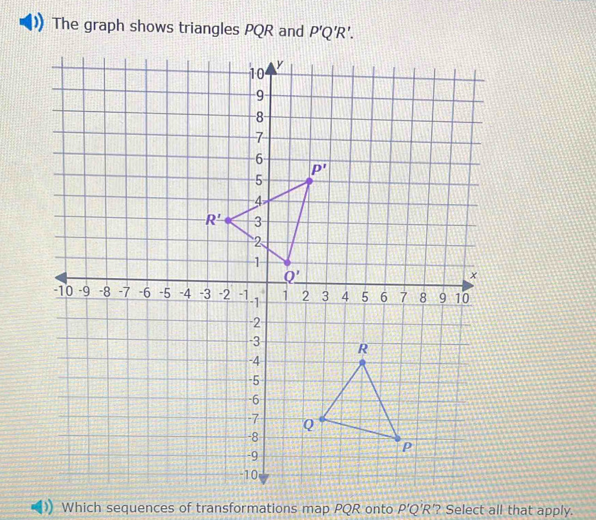 Solved: The graph shows triangles PQR and P'Q'R'. Which sequences of ...