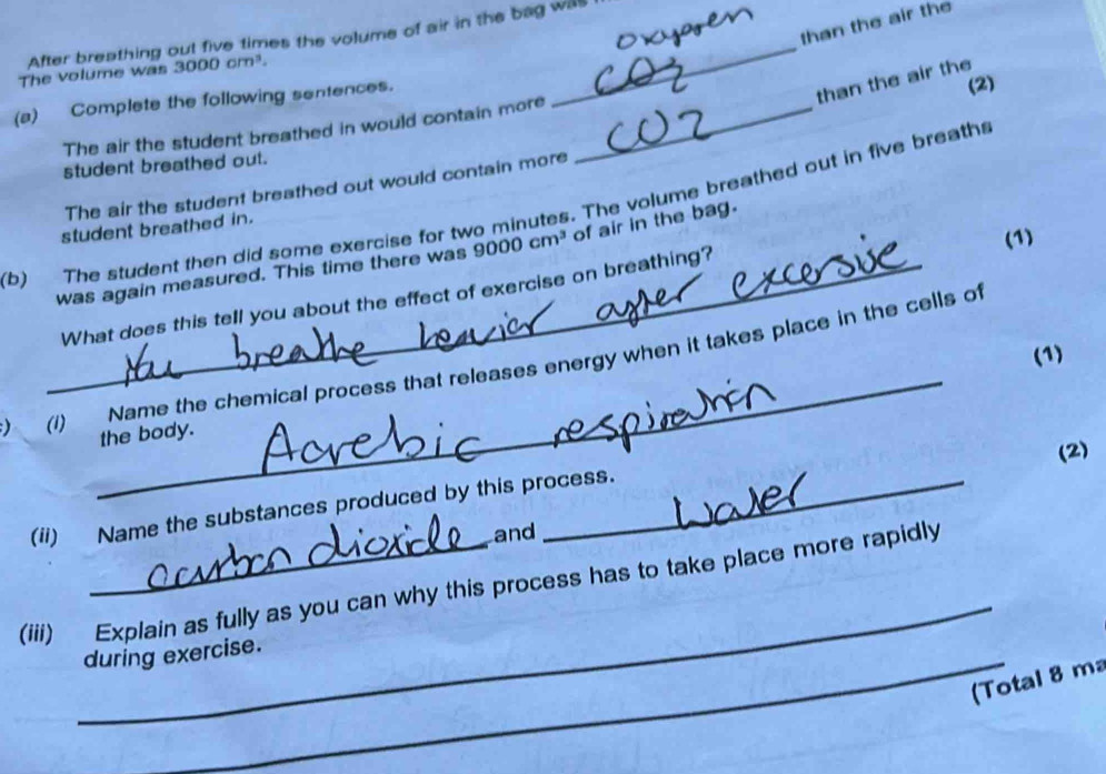 After breathing out five times the volume of air in the bag was_ 
than the air the 
The volume was 3000cm^3. 
(a) Complete the following sentences._ 
_ 
than the air the 
(2) 
The air the student breathed in would contain more 
student breathed out. 
The air the student breathed out would contain more 
(b) The student then did some exercise for two mi ut s. The volume breathed out in five breaths 
student breathed in. 
was again measured. This time there was 9000cm^3 of air in the bag. 
_What does this tell you about the effect of exercise on breathing? (1) 
_ 
(1) 
) (1) Name the chemical process that releases energy when it takes place in the cells of 
the body. 
(2) 
(ii) Name the substances produced by this process. 
and 
_ 
(iii) Explain as fully as you can why this process has to take place more rapidly 
during exercise. 
(Total 8 m