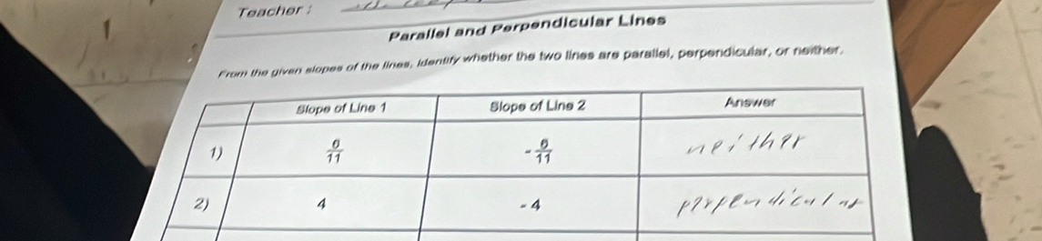 Teacher:
_
Parallel and Perpendicular Lines
From the given slopes of the lines, identify whether the two lines are parallel, perpendicular, or neither.