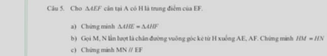 Cho △ AEF cân tại A có H là trung điễm của EF. 
a) Chứng minh △ AHE=△ AHF
b) Gọi M, N lần lượt là chân đường vuỡng góc kè từ H xuống AE, AF. Chứng minh HM=HN
c) Chứng minh MNparallel EF