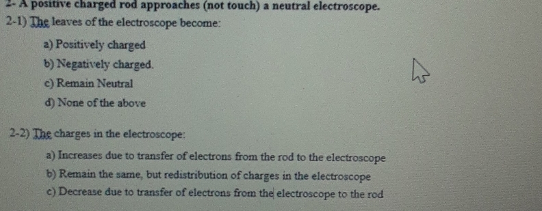 2- A positive charged rod approaches (not touch) a neutral electroscope.
2-1) The leaves of the electroscope become:
a) Positively charged
b) Negatively charged.
c) Remain Neutral
d) None of the above
2-2) The charges in the electroscope:
a) Increases due to transfer of electrons from the rod to the electroscope
b) Remain the same, but redistribution of charges in the electroscope
c) Decrease due to transfer of electrons from the electroscope to the rod