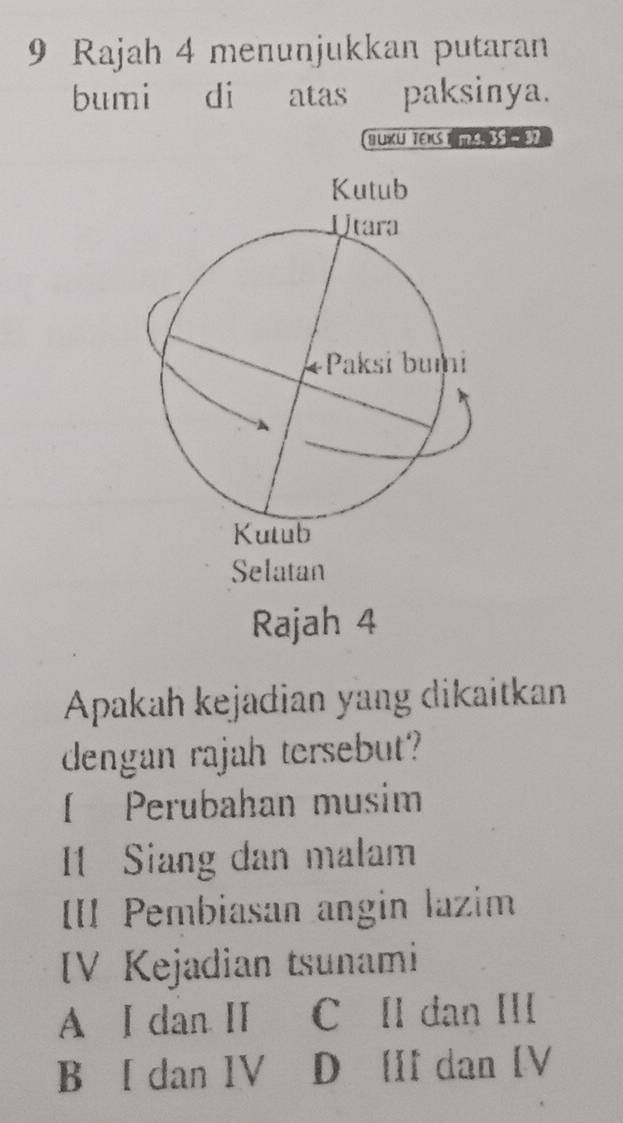 Rajah 4 menunjukkan putaran
bumi di atas paksinya.
BUKU TEKS T T US 
Selatan
Rajah 4
Apakah kejadian yang dikaitkan
dengan rajah tersebut?
[ Perubahan musim
I1 Siang dan malam
II Pembiasan angin lazim
IV Kejadian tsunami
A I dan ⅡI C Il dan III
B [ dan IV D [If dan [V