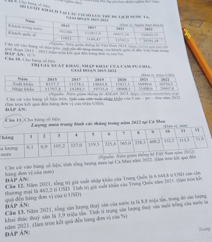 Từ hòn Phi-lip-pin bao nhiêu nghin tân7 (làm 
t nghin tân). 
Ch 4. Cho báng số liệu Số lượt khách tại các 
Việt Nam 2023, hps://ws 230 20v x0) 
o bằng số liệu trên, tính tỏc độ tăng trường của khách quốc tế đến Việt Nam trong 
giai đoạn 2015 - 2022 (lâm tròn kết quả đến hàng đơn vị của %) 
đáp ản: 80
Câu 10, Cho bảng số liệu: 
TRị giả xuát khảu, nhập khâu của cam-pu-chia, 
GIAI DOAN 2015-2022 
(Nguồn: Niên giám thống kê 
Căn cứ vào bảng số liệu trên, tính cán cân xuất nhập khẩu của Cam - pu - chìa năm 2022 
(lân tròn kết quá đến hàng đơn vị của triệu USD). 
đáp án: 
Câu 11. Cho bảng số liệu: 
mưa trung bình các tháng trong năm 2022 tại Cà Mau 
T 
u 
m 
Căn cứ vào bảng số liệu, tính tổng lượng mưa tại Cà Mau năm 2022. 
hàng đơn vị của mm) 
đÁP ÁN: 
Cầu 12. Năm 2021, tổng trị giá xuất nhập khẩu của Trung Quốc là 6 644, 8 ti USD cán cân 
thương mại là 462, 2 tỉ USD. Tính trị giá xuất khẩu của Trung Quốc năm 2021. (làm tròn kết 
quả đến hàng đơn vị của tỉ USD) 
Câu 13. Năm 2021, tổng sản lượng thuỷ sản của nước ta là 8, 8 triệu tần, trong đó sản lượng 
đÁp Án: 
khai thác thuỷ sản là 3, 9 triệu tần. Tính tỉ trọng sản lượng thuỷ sản nuôi trồng của nước ta 
năm 2021. (làm tròn kết quả đến hàng đơn vị của %) 
đÁP Án: 
Trang