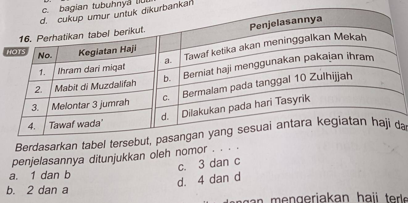 ian tubuhnya liu
rbankan
Berdasarkan tabel an
penjelasannya ditunjukkan oleh nomor . . . .
c. 3 dan c
a. 1 dan b
d. 4 dan d
b. 2 dan a