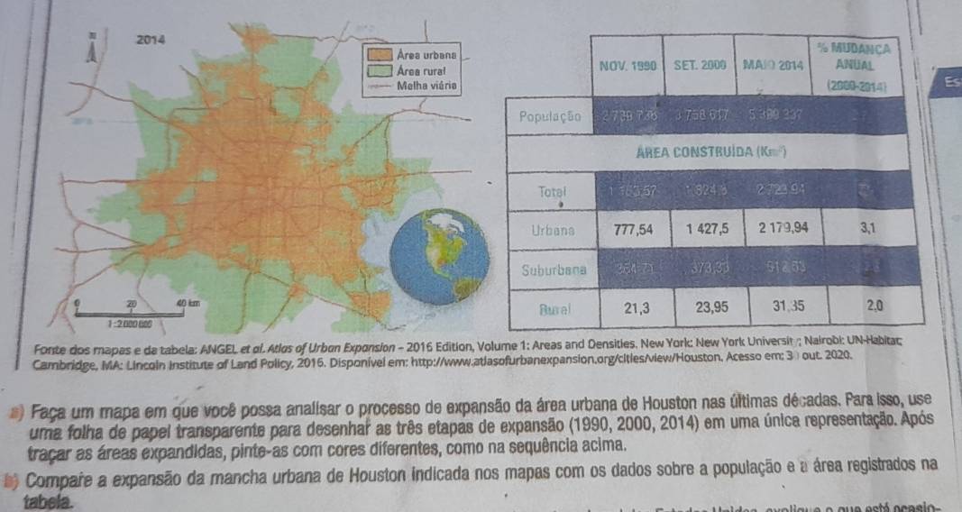 Es 
Cambridge, MA: Lincoln Institute of Land Policy, 2016. Disponanexpansion.org/citles/view/Houston, Acesso em: 3 ) out. 2020. 
#) Faça um mapa em que você possa analisar o processo de expansão da área urbana de Houston nas últimas décadas. Para isso, use 
uma folha de papel transparente para desenhar as três etapas de expansão (1990, 2000, 2014) em uma única representação. Após 
traçar as áreas expandidas, pinte-as com cores diferentes, como na sequência acima. 
* Compare a expansão da mancha urbana de Houston indicada nos mapas com os dados sobre a população e a área registrados na 
tabela. 
q e está ocasio