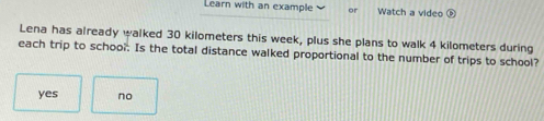 Learn with an example 、 or Watch a video 
Lena has already walked 30 kilometers this week, plus she plans to walk 4 kilometers during
each trip to school. Is the total distance walked proportional to the number of trips to school?
yes no