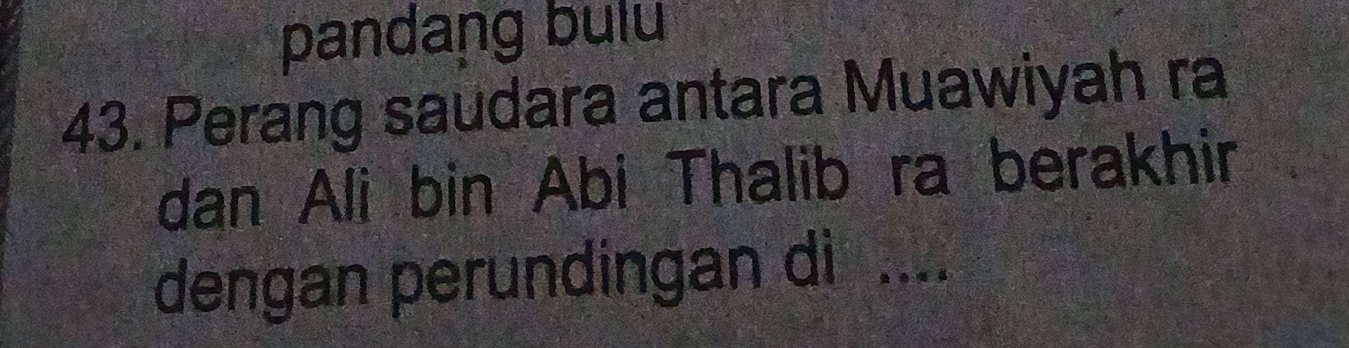 pandang bulu 
43. Perang saudara antara Muawiyah ra 
dan Ali bin Abi Thalib ra berakhir 
dengan perundingan di ....