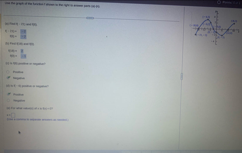 Paints: 0) of 1
Use the graph of the function f shown to the right to answer parts (a)-(n).
(a) Find f(-21) and f(6).
f(-21)=-2
f(6)=-2
(b) Find f(18) and f(0).
f(18)=2
f(0)=beginarrayr encloselongdiv -1endarray
(c) ls f(6) positive or negative?
Positive
Negative
(d) Is f(-6) positive or negative?
Positive
Negative
(e) For what value(s) of x is f(x)=0
x=□
(Use a comma to separate answers as needed.)