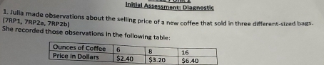 Initial Assessment; Diagnostic 
1. Julia made observations about the selling price of a new coffee that sold in three different-sized bags. 
(7RP1, 7RP2ə, 7RP2b) 
She recorded those observations in the following table: