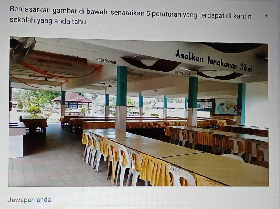 Berdasarkan gambar di bawah, senaraikan 5 peraturan yang terdapat di kantin 
sekolah yang anda tahu. 
Jawapan anda