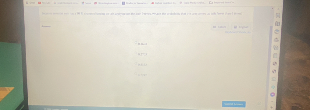 Gmal YouTube G south louisiana com.... Mapi https://explore.infor.... Grades for Leeaud're... Culture in Action: V... # Topic: Media Analys.. Imported from Chr...
Suppose an unfair coin has a 70 % chance of landing on tails and you toss this coin 9 times. What is the probability that the coin comes up tails fewer than 6 times?
Answer Keypad
Tables
Keyboard Shortcuts
0.4628
0.2703
0.5372
0.7297
Submit Arawes