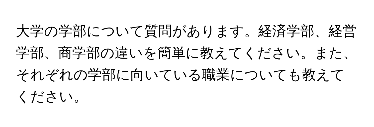 大学の学部について質問があります。経済学部、経営学部、商学部の違いを簡単に教えてください。また、それぞれの学部に向いている職業についても教えてください。