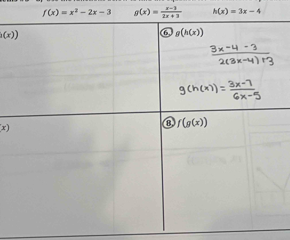 f(x)=x^2-2x-3 g(x)= (x-3)/2x+3 
h(x)=3x-4
h(x))
(x)