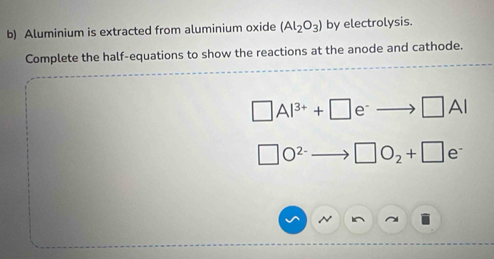 Aluminium is extracted from aluminium oxide (Al_2O_3) by electrolysis. 
Complete the half-equations to show the reactions at the anode and cathode.
□ Al^(3+)+□ e^-to □ Al
□ O^(2-)to □ O_2+□ e^-