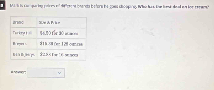 is comparing prices of different brands before he goes shopping. Who has the best deal on ice cream? 
Answer: □ vee 