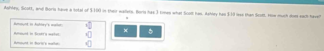 Ashley, Scott, and Boris have a total of $100 in their wallets. Boris has 3 times what Scott has. Ashley has $10 less than Scott. How much does each have? 
Amount in Ashley's wallet: 
Amount in Scott's wallet: $□ × 5
Amount in Boris's wallet: $□