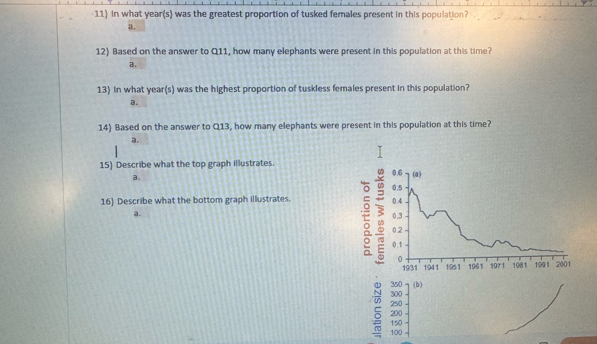 11 in what year(s) was the greatest proportion of tusked females present in this population?
a.
12) Based on the answer to Q11, how many elephants were present in this population at this time?
a.
13 in what year(s) was the highest proportion of tuskless females present in this population?
a.
14) Based on the answer to Q13, how many elephants were present in this population at this time?
a.
15) Describe what the top graph illustrates. 0.6 (a)
a.
0.5
16) Describe what the bottom graph illustrates.
t
0.4
a. 0.3
0.2
0.1
0
1931 1941 1951 1961 1971 1981 1901 2001
350 (b)
300
250
200
150
100