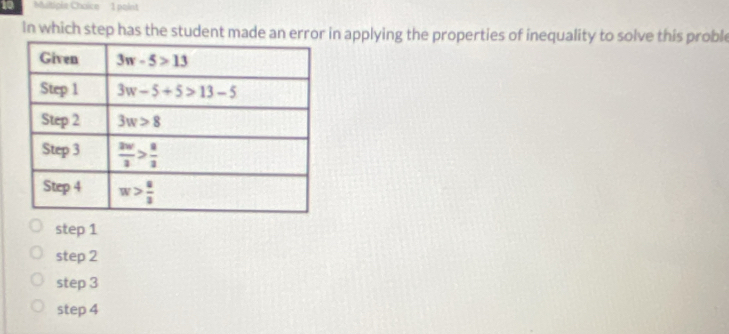 In which step has the student made an error in applying the properties of inequality to solve this proble
step 1
step 2
step 3
step 4