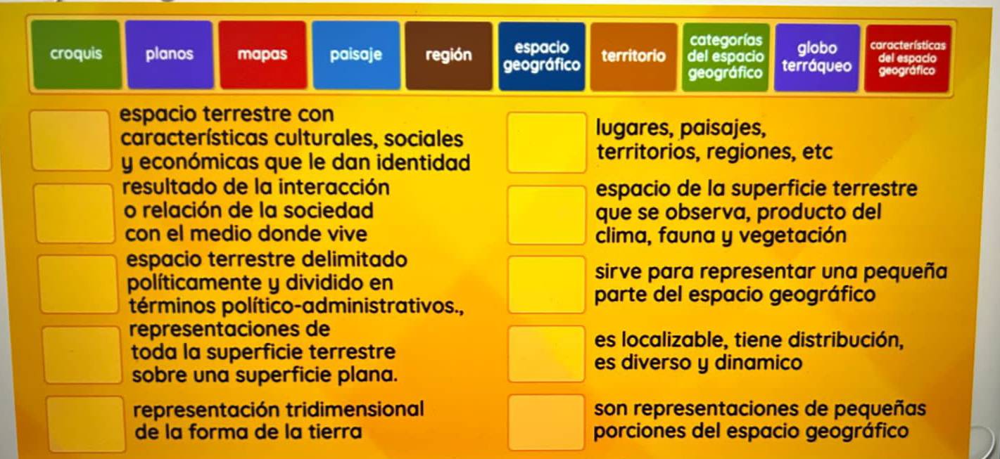 categorías globo características
croquis planos mapas paisaje región espacio territorio del espacio terráqueo del espacio
geográfico geográfico
geográfico
espacio terrestre con
características culturales, sociales
lugares, paisajes,
y económicas que le dan identidad
territorios, regiones, etc
resultado de la interacción espacio de la superficie terrestre
o relación de la sociedad que se observa, producto del
con el medio donde vive clima, fauna y vegetación
espacio terrestre delimitado
políticamente y dividido en
sirve para representar una pequeña
términos político-administrativos.,
parte del espacio geográfico
representaciones de
es localizable, tiene distribución,
toda la superficie terrestre
es diverso y dinamico
sobre una superficie plana.
representación tridimensional son representaciones de pequeñas
de la forma de la tierra porciones del espacio geográfico