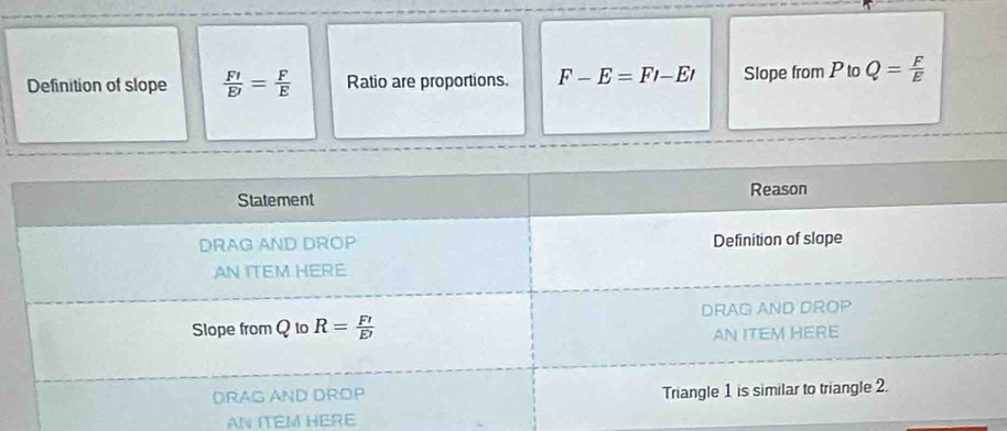 Definition of slope  FI/EI = F/E  Ratio are proportions. F-E=Fl-El Slope from P to Q= F/E 
AN ITEM HERE