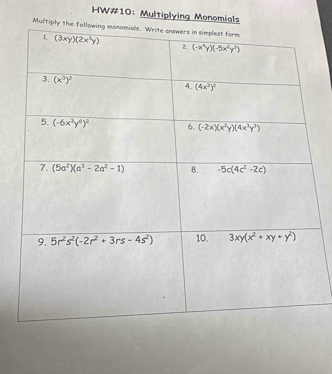 HW#10：Multiplying Monomials
Mul