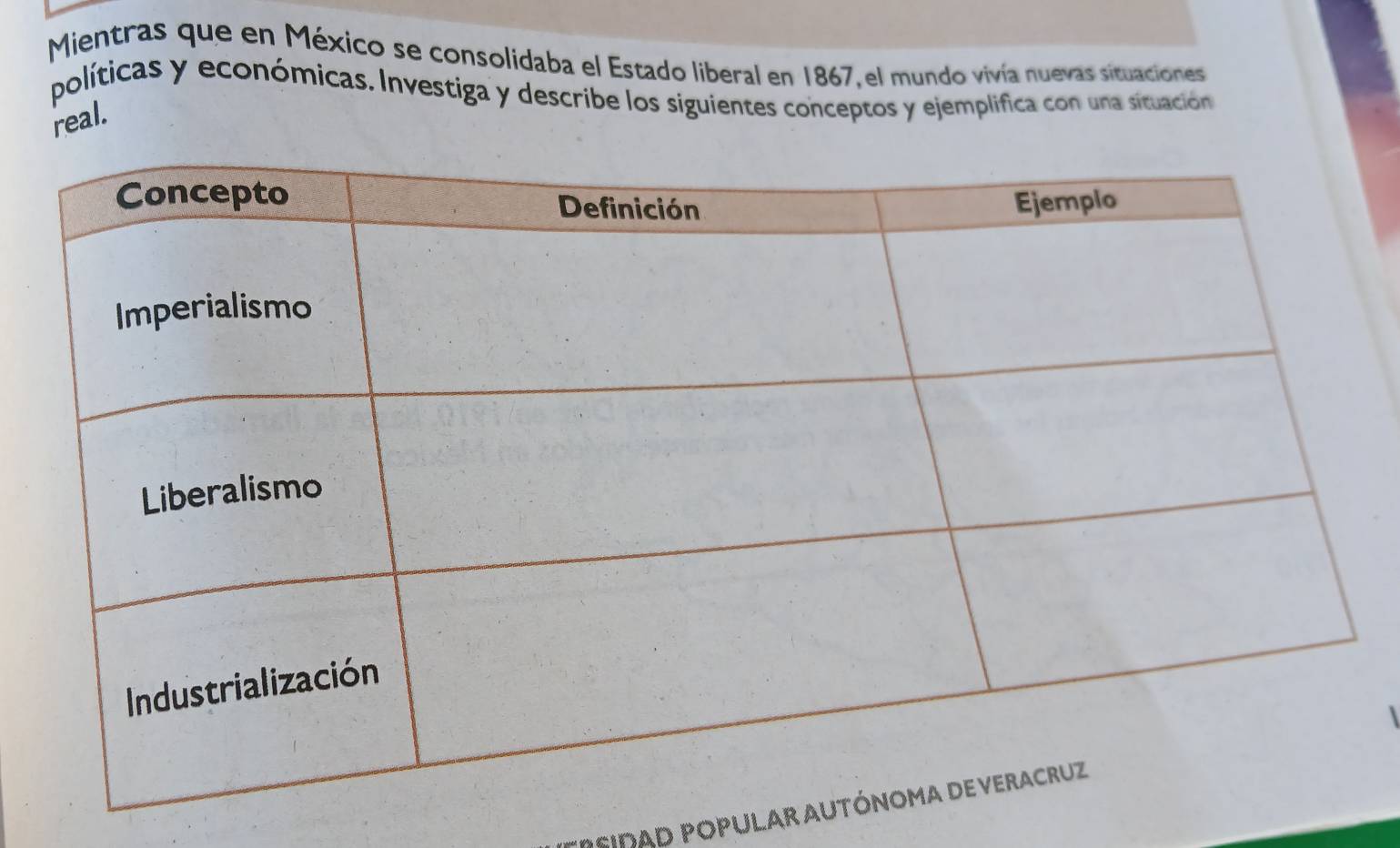 Mientras que en México se consolidaba el Estado liberal en 1867, el mundo vivía nuevas situaciones 
políticas y económicas. Investiga y describe los siguientes conceptos y ejemplifica con una situación 
real.