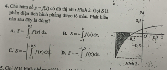 Cho hàm số y=f(x) có đồ thị như Hình 2. Gọi S là
phần diện tích hình phẳng được tô màu. Phát biểu
nào sau đây là đúng?
A. S=∈tlimits _(-1)^(-0.5)f(x)dx. B. S=-∈tlimits _(-1)^0f(x)dx.
C. S=-∈t _(-1)^(-0.5)f(x)dx.| D. S=-∈tlimits _(-1)^(-0.5)f(x)dx. 
Hình 2
5. Gọi / là hình phần