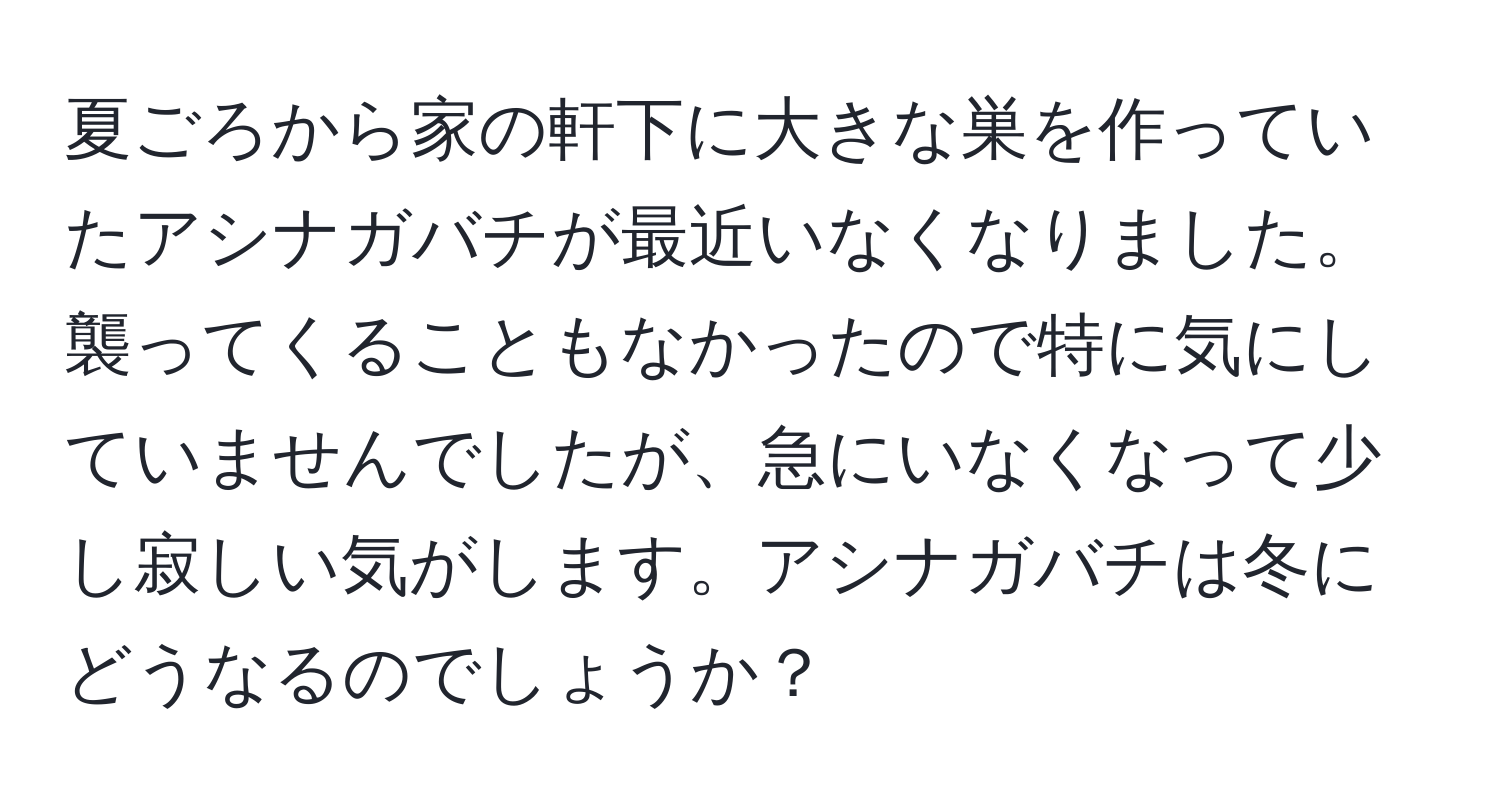 夏ごろから家の軒下に大きな巣を作っていたアシナガバチが最近いなくなりました。襲ってくることもなかったので特に気にしていませんでしたが、急にいなくなって少し寂しい気がします。アシナガバチは冬にどうなるのでしょうか？