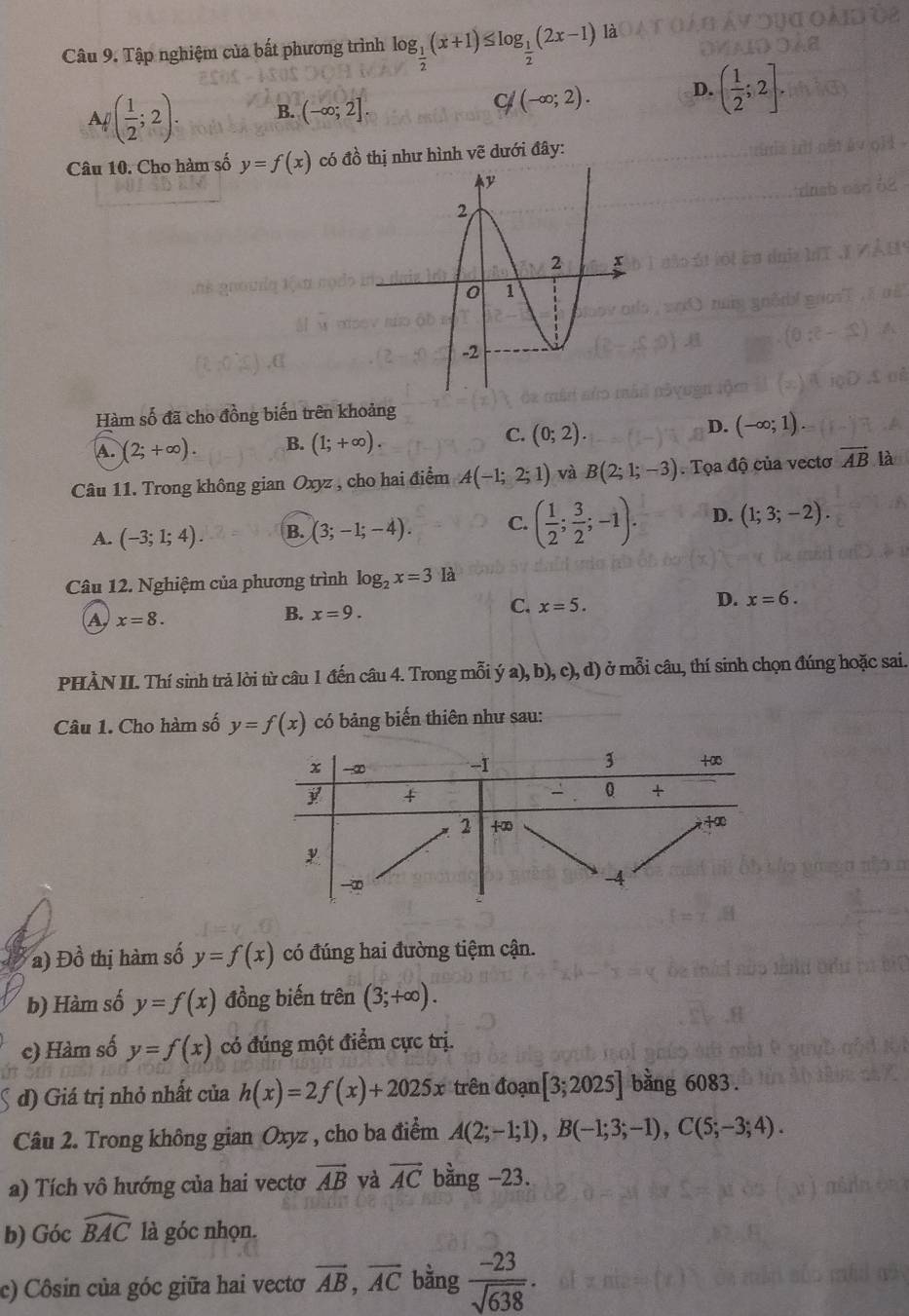 Tập nghiệm của bất phương trình log _ 1/2 (x+1)≤ log _ 1/2 (2x-1)la
A ( 1/2 ;2). B. (-∈fty ;2]
C/(-∈fty ;2). D. ( 1/2 ;2].
Câu 10. Cho hàm số y=f(x) có đồ thị như hình vẽ dưới đây:
Hàm số đã cho đồng biến trên khoảng
A. (2;+∈fty ). B. (1;+∈fty ). C. (0;2). D. (-∈fty ;1).
Câu 11. Trong không gian Oxyz , cho hai điểm A(-1;2;1) và B(2;1;-3). Tọa độ của vectơ vector AB là
A. (-3;1;4). B. (3;-1;-4). C. ( 1/2 ; 3/2 ;-1). D. (1;3;-2).
Câu 12. Nghiệm của phương trình log _2x=3 là
D. x=6.
A x=8.
B. x=9.
C. x=5.
PHÀN II. Thí sinh trả lời từ câu 1 đến câu 4. Trong mỗi ya),b),c),d) ở mỗi câu, thí sinh chọn đúng hoặc sai.
Câu 1. Cho hàm số y=f(x) có bảng biến thiên như sau:
a) Đồ thị hàm số y=f(x) có đúng hai đường tiệm cận.
b) Hàm số y=f(x) đồng biến trên (3;+∈fty ).
c) Hàm số y=f(x) có đúng một điểm cực trị.
d) Giá trị nhỏ nhất của h(x)=2f(x)+2025x trên đoạn [3;2025] bằng 6083.
Câu 2. Trong không gian Oxyz , cho ba điểm A(2;-1;1),B(-1;3;-1),C(5;-3;4).
a) Tích vô hướng của hai vectơ vector AB yà vector AC bằng -23.
b) Góc widehat BAC là góc nhọn.
c) Côsin của góc giữa hai vectơ vector AB,vector AC bằng  (-23)/sqrt(638) .