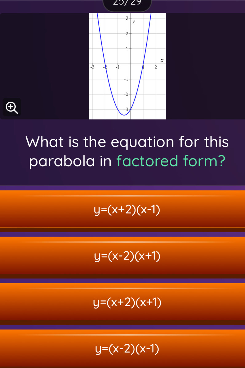 What is the equation for this
parabola in factored form?
y=(x+2)(x-1)
y=(x-2)(x+1)
y=(x+2)(x+1)
y=(x-2)(x-1)