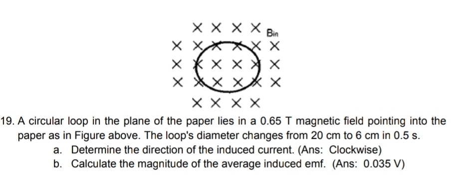 A circular loop in the plane of the paper lies in a 0.65 T magnetic field pointing into the 
paper as in Figure above. The loop's diameter changes from 20 cm to 6 cm in 0.5 s. 
a. Determine the direction of the induced current. (Ans: Clockwise) 
b. Calculate the magnitude of the average induced emf. (Ans: 0.035 V)