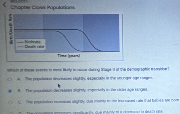 Chapter Close: Populations
Which off these events is most likely to occur during Stage II of the demographic transition?
A. The population decreases slightly, especially in the younger age ranges.
B. The population decreases slightly, especially in the older age ranges.
C. The population increases slightly, due mainly to the increased rate that babies are born.
n The conulition increases significantly, due mainly to a decrease in death rate.