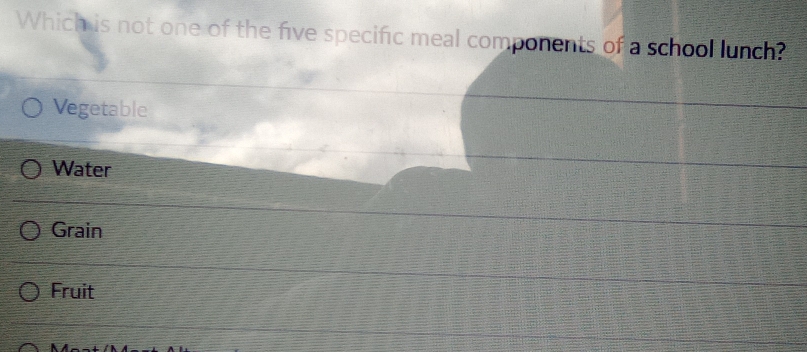 Which is not one of the five specific meal components of a school lunch?
Vegetable
Water
Grain
Fruit