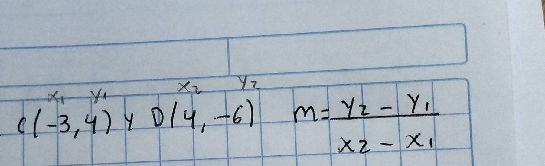 x_2 y_2
x_1
C(-3,4) Y D(4,-6)
m=frac y_2-y_1x_2-x_1