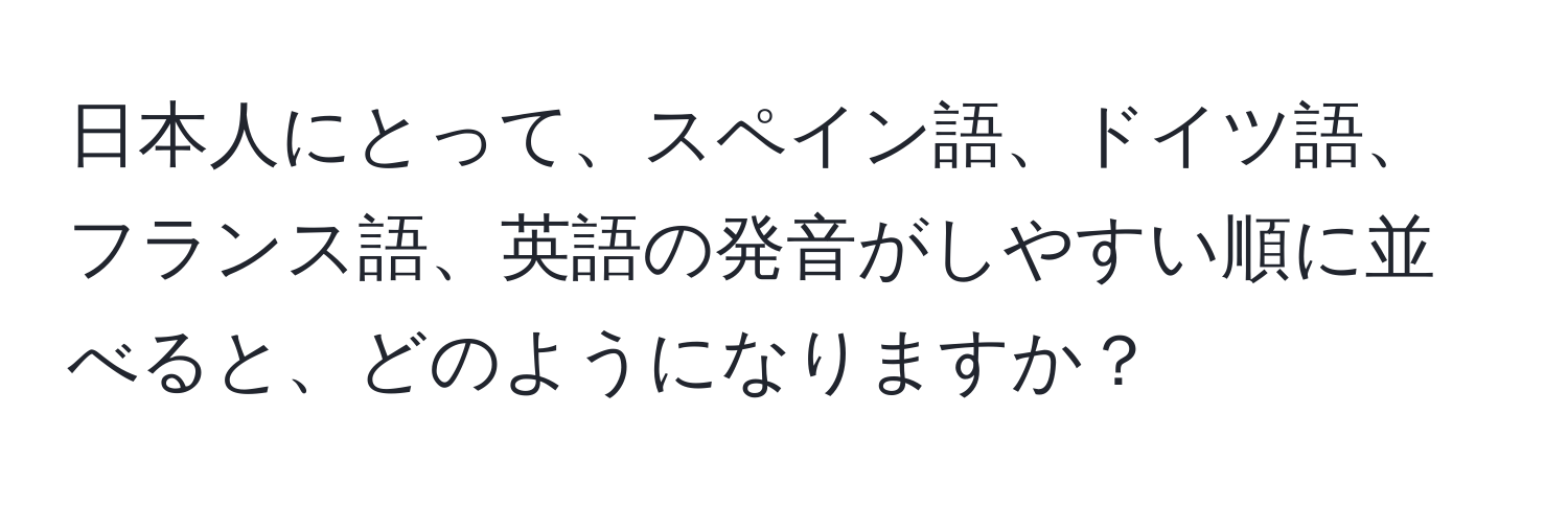 日本人にとって、スペイン語、ドイツ語、フランス語、英語の発音がしやすい順に並べると、どのようになりますか？