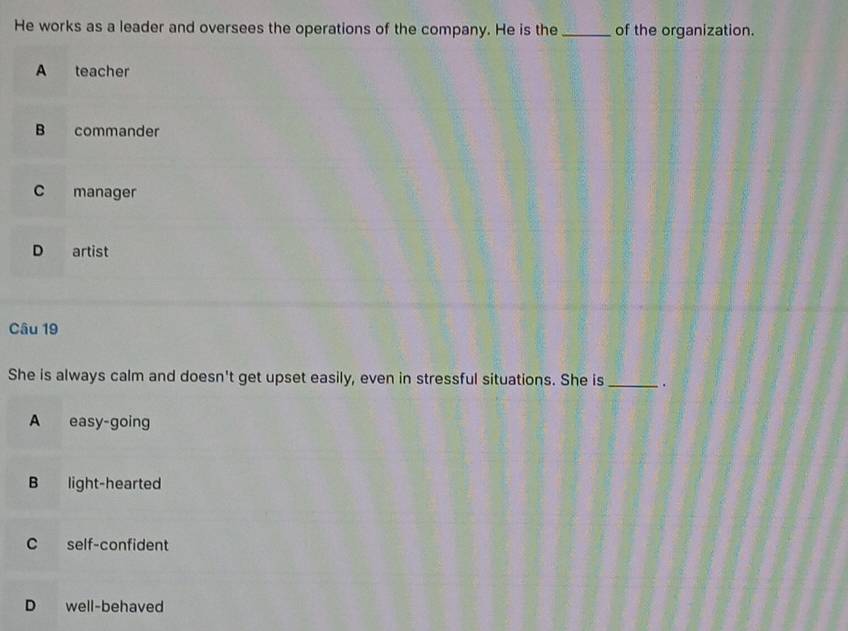 He works as a leader and oversees the operations of the company. He is the _of the organization.
A teacher
B commander
C manager
D artist
Câu 19
She is always calm and doesn't get upset easily, even in stressful situations. She is_ .
A easy-going
B light-hearted
C self-confident
D well-behaved