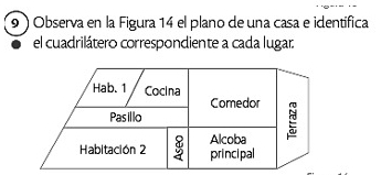 9 ) Observa en la Figura 14 el plano de una casa e identífica 
el cuadrilátero correspondiente a cada lugar: