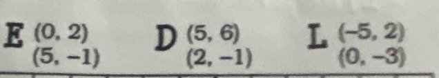 (0,2) D (5,6) L (-5,2)
(5,-1)
(2,-1)
(0,-3)