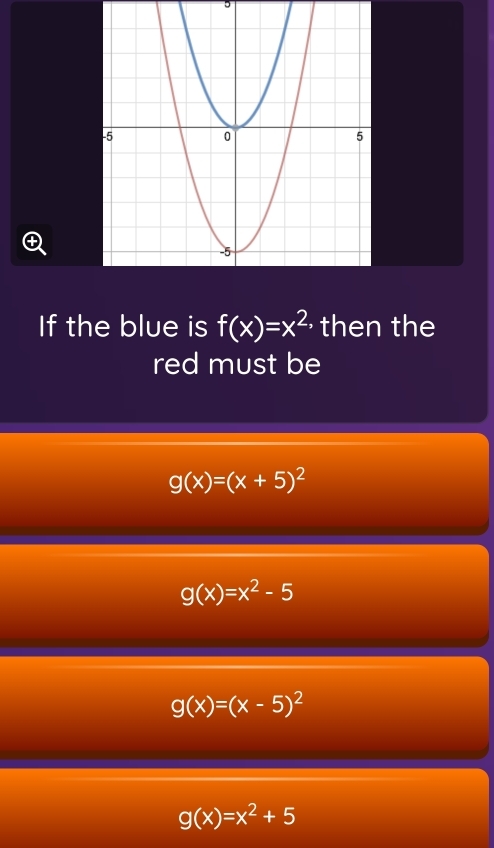 ④
If the blue is f(x)=x^2 then the
red must be
g(x)=(x+5)^2
g(x)=x^2-5
g(x)=(x-5)^2
g(x)=x^2+5