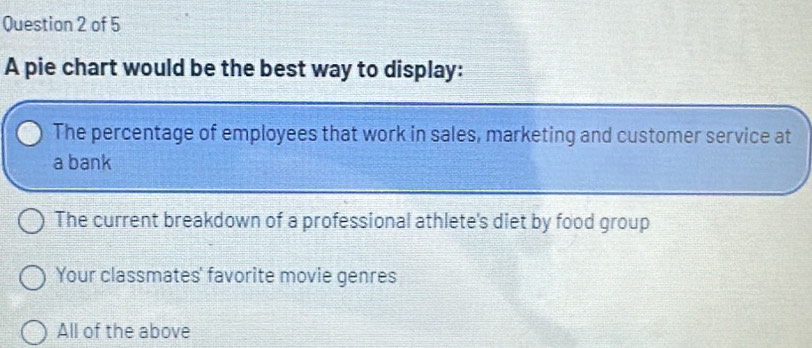 A pie chart would be the best way to display:
The percentage of employees that work in sales, marketing and customer service at
a bank
The current breakdown of a professional athlete's diet by food group
Your classmates' favorite movie genres
All of the above