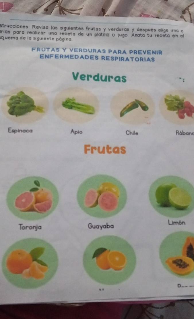 strucciones: Revisa las siguientes frutas y verduras y después elige una o 
árias para realizar una receta de un platillo o jugo. Anota tu receta en el 
quema de la siguiente página 
Frutas y verduras para prévénir 
Enfermedadeß Reßpiratorias 
Verduras 
Espinaca Apio Chile Rábano 
Frutas 
Toronja Guayaba 
Limón 
D-_ -