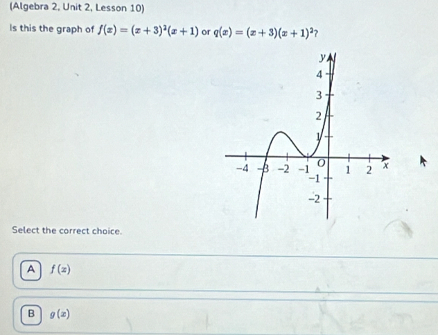 (Algebra 2, Unit 2, Lesson 10)
Is this the graph of f(x)=(x+3)^2(x+1) or q(x)=(x+3)(x+1)^2 ?
Select the correct choice.
A f(x)
B g(x)