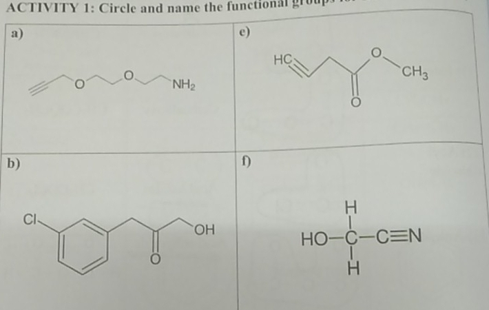 ACTIVITY 1: Circle and name the functional group
a)
e
NH_2
b)
f)
HO-∈tlimits _H^H-Cequiv N