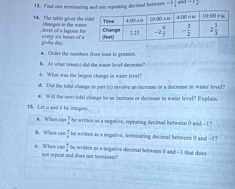 Find one terminating and one repeating decimal between -1 1/2  and -1frac 9.
14. The table gives the ti
changes in the water
level of a lagoon for
every six hours of a
given day.
a. Order the numbers from least to greatest.
b. At what time(s) did the water level decrease?
c. What was the largest change in water level?
d. Did the tidal change in part (c) involve an increase or a decrease in water level?
e. Will the next tidal change be an increase or decrease in water level? Explain.
15. Let a and b be integers.
a. When can  a/b  be written as a negative, repeating decimal between 0 and -1?
b. When can  a/b  be written as a negative, terminating decimal between 0 and -1?
c. When can  a/b  be written as a negative decimal between 0 and —1 that does
not repeat and does not terminate?