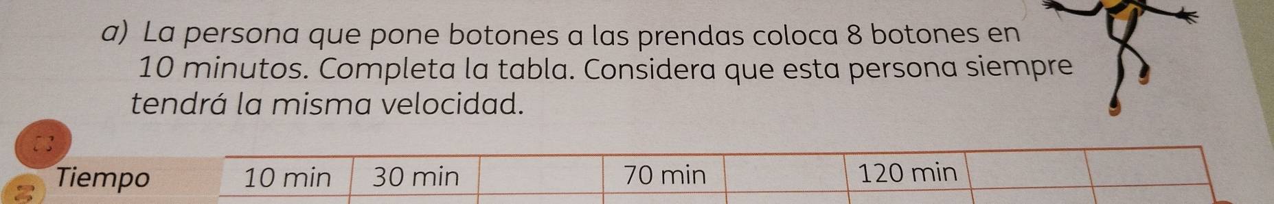 La persona que pone botones a las prendas coloca 8 botones en
10 minutos. Completa la tabla. Considera que esta persona siempre 
tendrá la misma velocidad. 
Tiempo 10 min 30 min 70 min 120 min