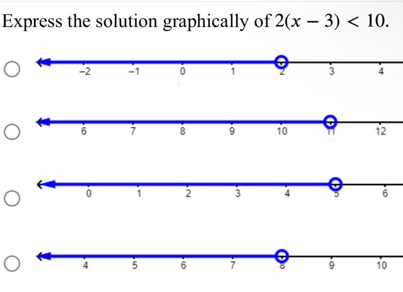 Express the solution graphically of 2(x-3)<10</tex>.